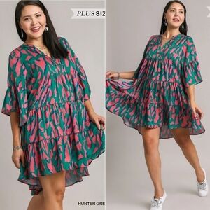 NWT Umgee Green Pink Animal Print Tiered Flowy Silky Dress